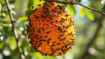 Bee honeycomb, bee Colony Working on Honeycomb in Daylight, Golden Honeycomb with Bees on a Tree Branch