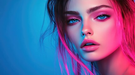 Close-up Portrait of a Woman with Pink Hair and Neon Lighting