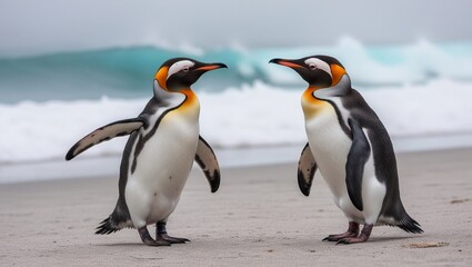 Naklejka premium Two penguins are standing on the beach discussing where there are a lot of fish