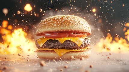 Sizzling Street Food Scene: Crispy Cheeseburger Bun & Grilled Patty by Vendor - 3D Illustration, Generative Ai