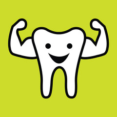 Vector illustration of strong teeth character. Strong happy healthy white tooth character
