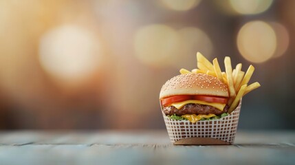 Juicy Cheeseburger Delight Served in a Basket with Crispy Fries at Vibrant Street Food Stand - 3D Illustration, Generative Ai