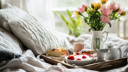 Mother's Day breakfast in bed featuring a beautifully arranged tray of food with a vase of fresh flowers. The scene captures the warmth, love, and appreciation of a special family celebration