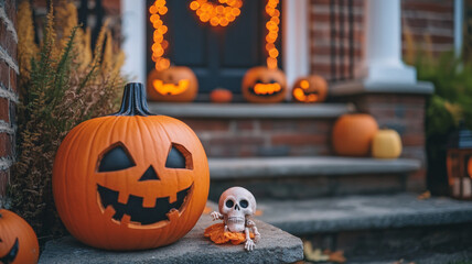 Colorful Halloween decorations with carved pumpkins and skeleton on a doorstep at twilight