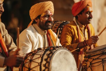 Indian musicians playing drums at cultural festival