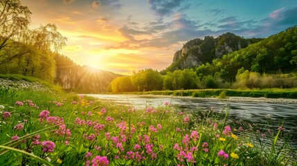 Spring_Beach_sunset_Flower_Mountain_river_beautiful