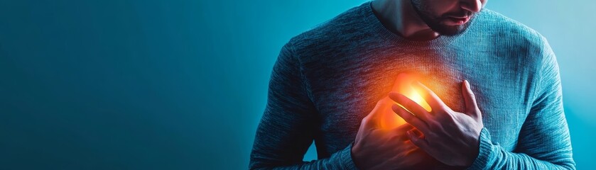 A close-up portrait of a man holding his chest, conveying emotions of pain or healing with an ethereal glow in a dark setting.