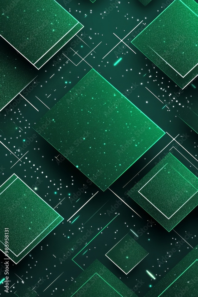 Aufkleber abstract geometric pattern with green squares and lines on a dark background creating a modern techn