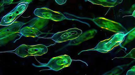 Vivid Microscopic Image of Euglena in Green and Blue with Flagella Highlighted