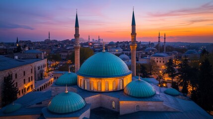 Fototapeta premium Sunset over istanbul skyline with iconic mosque domes and minarets illuminated
