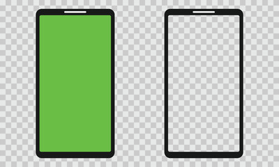 Phone mockup template frame isolated on a checkered background. Smart phones with green and transparent screens