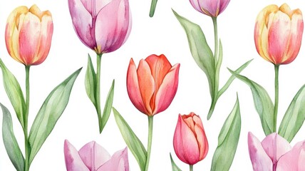 Watercolor colorful tulips pattern and seamless background,watercolor spring tulip flowers. Stock illustration,beautiful floral set,cute illustration print fabric,abstract colorful wallpaper.