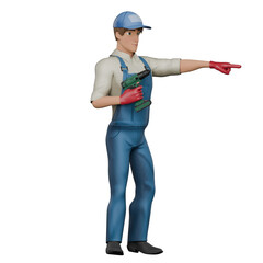 3D Male Mechanic Character in Action. A male mechanic stands with his right hand holding an impact and his left hand pointing forward, as if giving directions. Professional