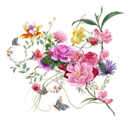 watercolor painting of leaves and flower, on white background