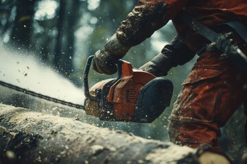 Skilled lumberjack using a chainsaw to cut a log, sawdust flying around as the powerful tool slices