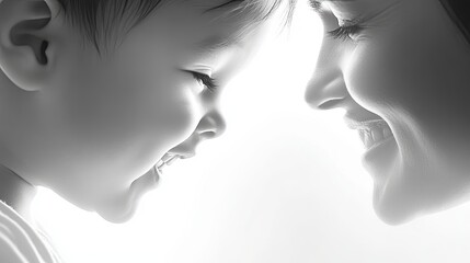 Fototapeta premium A touching scene of mother and child bonding, their faces radiating pure love and connection, set against a minimalist white background with soft Gaussian blur. 