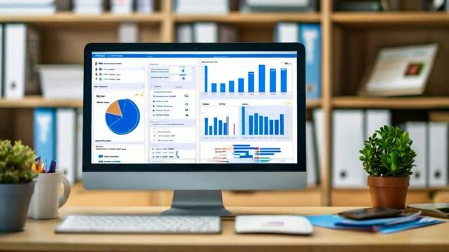 A computer displaying various data visualizations and analytics on a desk.