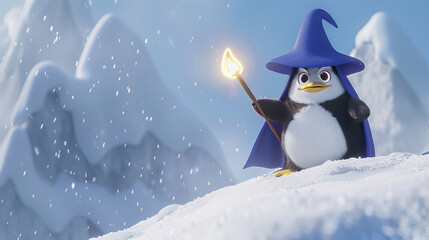 Penguin wizard with glowing staff standing on snowy mountain in a fantasy setting