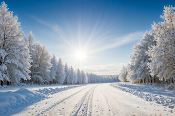 Obraz premium A serene winter landscape with snow-covered trees and a clear sky, perfect for nature, travel, or winter-themed designs.
