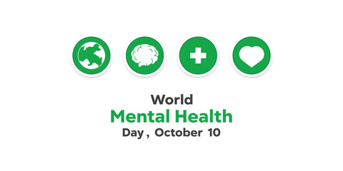 World Mental Health Day. Earth, brain, plus icon and heart. Great for cards, banners, posters, social media and more. White background.