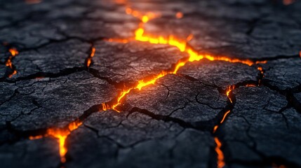 Close-up of cracked ground with glowing lava peeking through. A striking representation of volcanic activity and natural phenomena.