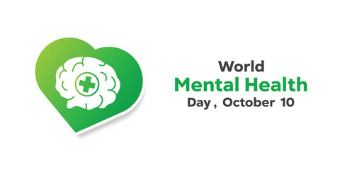 World Mental Health Day. Brain, heart and plus icon. Great for cards, banners, posters, social media and more. White background.