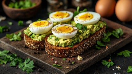 This hearty breakfast showcases slices of whole grain bread topped with creamy avocado and perfectly boiled eggs, seasoned with herbs and spices