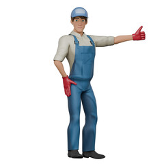 3D Urban Male. A male mechanic stands with his left hand raised with his thumb up and his right hand on his waist, as if approving a job. Mechanic Illustration
