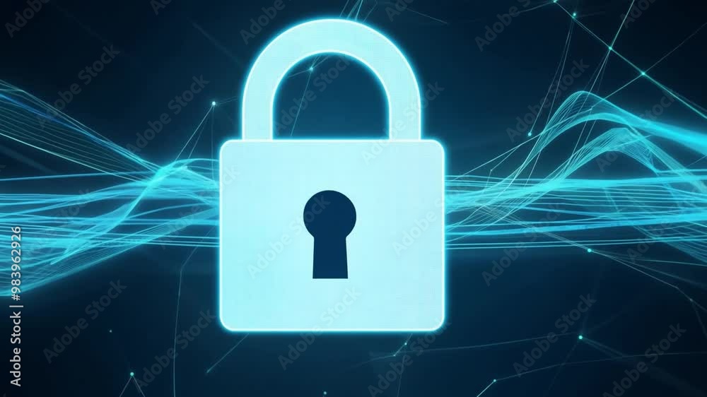 Poster a digital lock symbol appears with a luminous blue backdrop, illustrating the concept of cybersecuri