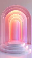 Fototapeta premium 3d podium with three steps and pink arches with neon light. Suitable for presentations, ceremonies, awards, events, showcasing product.