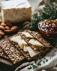 Fototapeta premium A rustic spread featuring cheese, crackers, almonds, and jam, perfect for snacking.