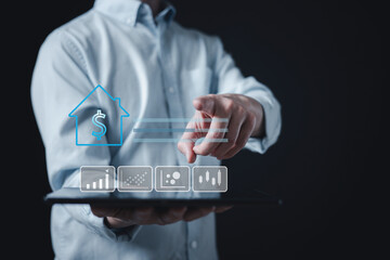 Obraz premium real estate investment concept energy efficiency rating and property value, Real estate online on virtual screens. new home for the family, home search, land price, property tax.
