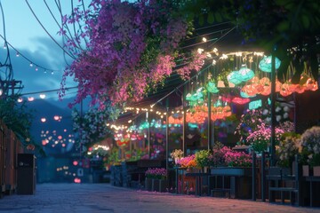 Naklejka premium A Charming Flower Festival With Flower Arrangements, Lively Market Stalls, And Soft, Warm Lighting Enhancing The Cozy Vibe, Generative AI