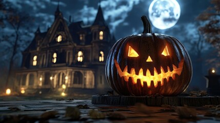 Obraz premium Halloween pumpkin with candlelight in front of a haunted house background,