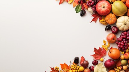 Cozy Thanksgiving Dinner Setting with Seasonal Fruits, Copy Space for Text on Blank Background, Generative Ai