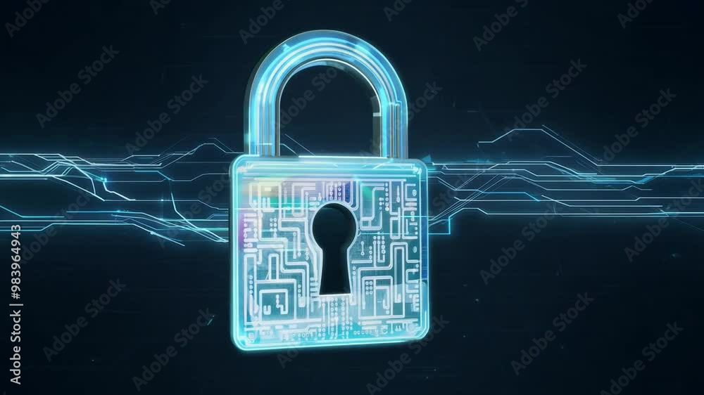 Aufkleber In a virtual space, a translucent padlock is depicted, showcasing intricate circuitry patterns. It stands out against a backdrop of flowing data lines, representing digital security.