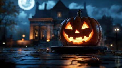 Fototapeta premium Halloween pumpkin with candlelight in front of a haunted house background,