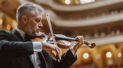 Fototapeta premium close-up of a man skillfully playing a violin, his face reflecting deep emotion and focus, set against a soft background of an elegant concert hall, conveying the artistry of class