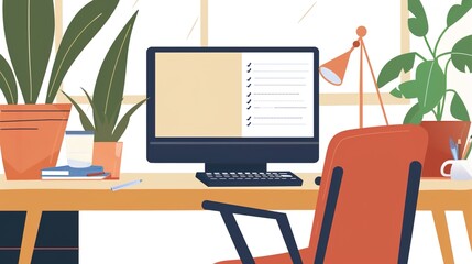 A modern workspace featuring a computer, stationery, and plants, creating a serene and productive environment.