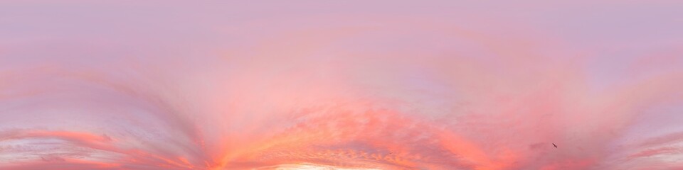 Seamless 360 HDR spherical panorama of sunset sky with vibrant pink Cumulus clouds. Full zenith or sky dome in 3D, sky replacement for aerial drone panoramas. Climate and weather change.