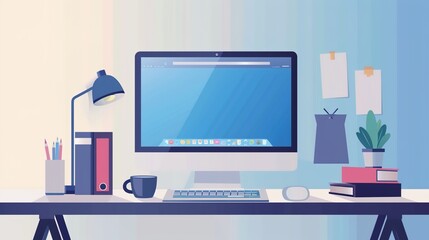A modern workspace featuring a computer, stationery, and plants, creating a serene and productive environment.