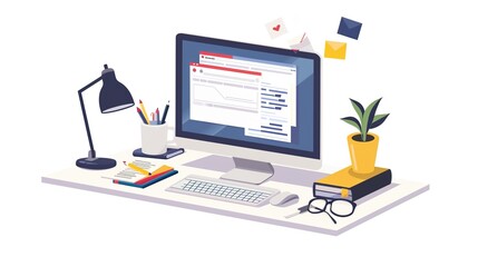 A modern workspace featuring a computer, stationery, and plants, creating a serene and productive environment.