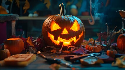 A vibrant Halloween pumpkin carving session showcasing a glowing jack-o'-lantern, surrounded by a variety of carving tools. The scene captures the festive atmosphere of the holiday