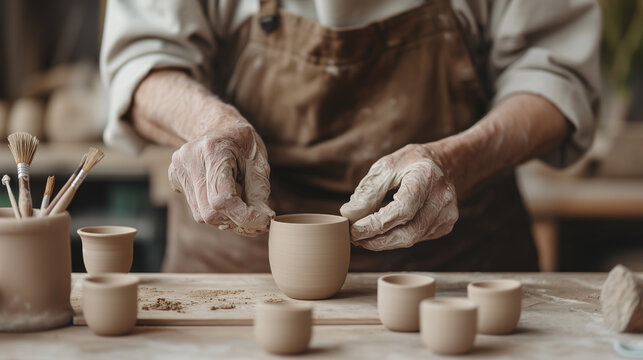 Elderly artisan demonstrating the delicate process of creating ceramic coffee cups on a live stream for online sales. The scene is set in a minimalist studio with clay, brushes, an