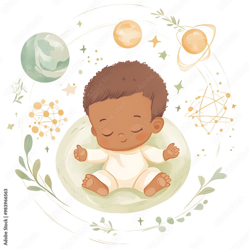 Canvas Prints Cute Baby Boy Sleeping in a Nest with Planets and Stars Illustration.