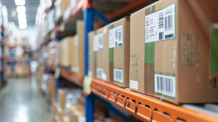 Fototapeta premium Cardboard boxes stacked on metal shelves in a large industrial warehouse