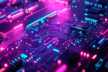 Obraz premium A close-up of a futuristic circuit board glowing with neon pink, blue, and purple lights.