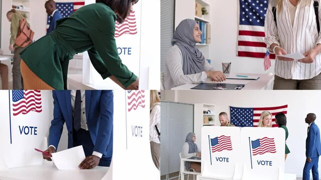 Split screen of multiethnic people coming to voting booth with bulletin in hands, voting and then going away