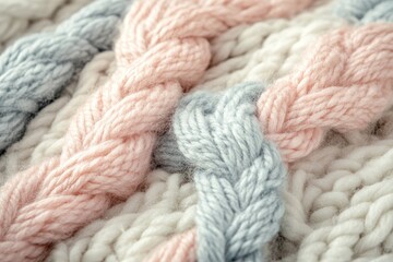 Close - up of knitted wool texture with thick yarn in soft pastel colors