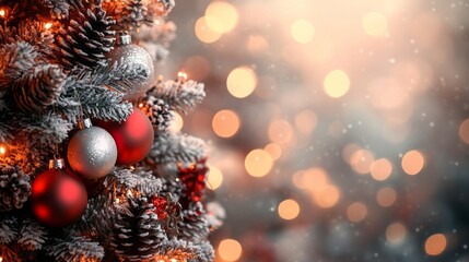 Obraz premium A beautifully decorated Christmas tree with red and silver ornaments sparkling against a blurred background of twinkling lights during the holiday season